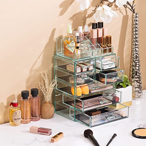 Image of Sorbus Acrylic Makeup Organizer Set, 7-Drawer Vanity & Countertop Cosmetic Storage with Small & Wide Compartments, Teal Thrill Makeup Storage for Brushes, Jewelry - Holiday Gift for Women & Teens
