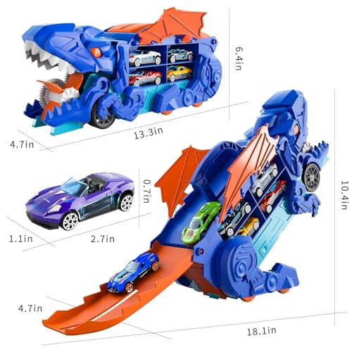 Image of Dinosaur Planet Transporter Truck Toy with Track | Push & Go Dinosaur Car Carrier with 2 Die-Cast Cars | Convertible Race Track Playset | Toy Gift for Boys & Girls Ages 3-6 Year