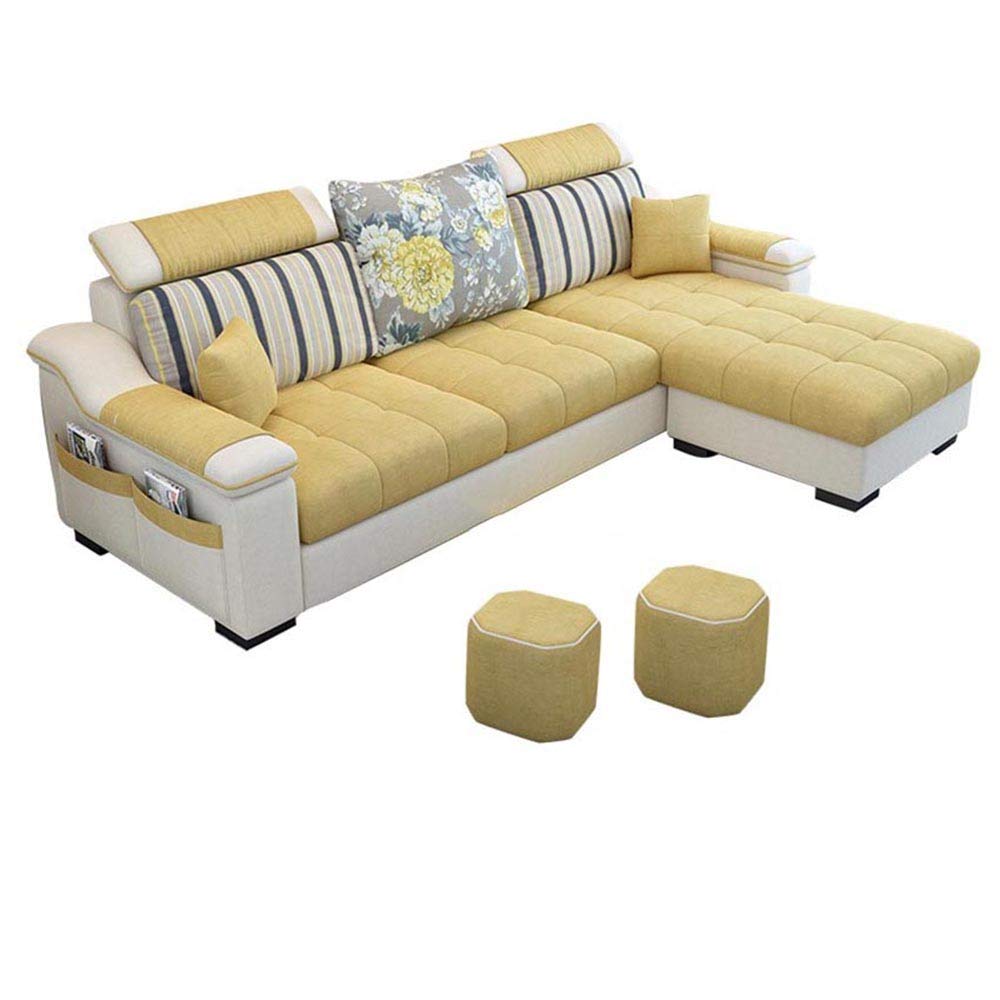Good Luck Furniture Factory LLC L Shape sofa 3 Seat Linen Living Room Sofa Set Modern Design Frame Soft Sponge Shape Home Furniture(Foot ped + 2 cloth stool)