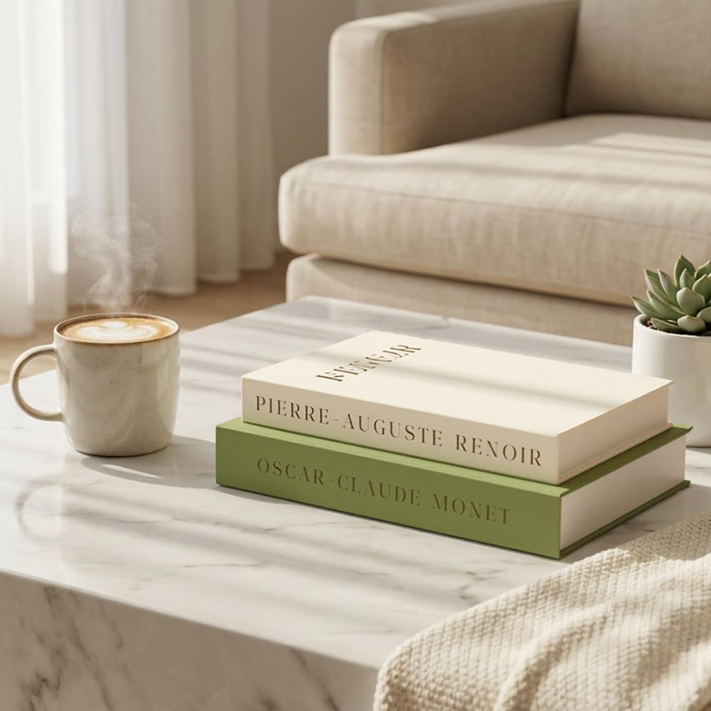 FOOMAN Libri decorativi per la casa – Set di 2 libri finti in lino per tavolino da caffè, decorazione moderna per la casa per soggiorno e mantello, neutro, impilabile, scatola portaoggetti per libri