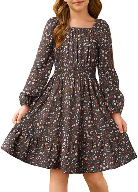 GRACE KARIN Girls Fall Dress Floral Long Sleeve Midi with Smocked Waist for Holiday Party 6-14Y