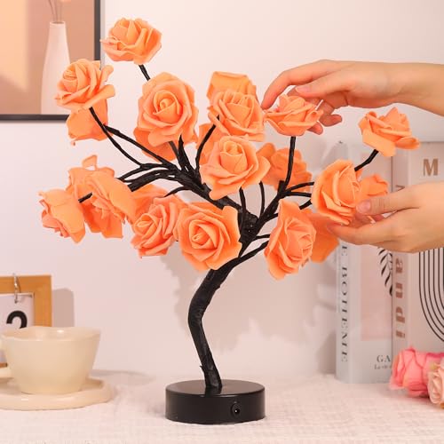 Image of Drawelry Rose Flower Tree Lamp - LED Rose Tree Table Lamp USB /Battery Powered Artificial Bonsai Flower Night Light for Bedroom Living Room Party Wedding Birthday Decor (Orange)