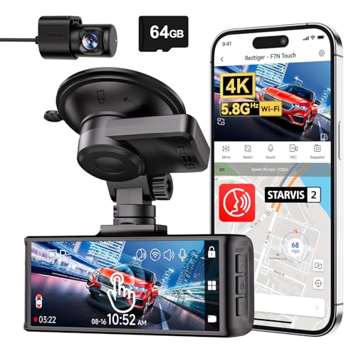 REDTIGER F7NT 4K Dash Cam for Car | STARVIS 2 Sensor | Dual Channel | 3.18" Touch Screen | Built-in 5GHz WiFi, GPS, Voice Control | Night View, WDR, Parking Mode | Loop Recording | 64GB Card Included