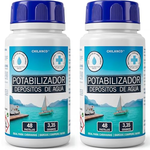 Chilanco (Pack 2 Botes), Pastillas Potabilizadoras Purificador de Agua para Autocaravanas, Barcos y Camper en Depósitos de Agua Potable | 1 Pastilla Purifica 200 litros | 48 Unidades