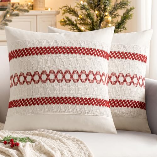 Image of MIULEE Set of 2 Christmas Red Boho Decorative Pillow Covers 18x18 Inch
