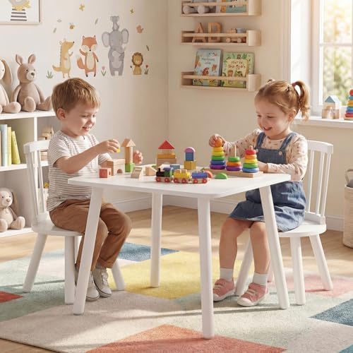 KOTEK Kids Table and Chair Set, Windsor Toddler Chair with Spindle Back & Pine Wood Legs, Round Edge Design, Home/Daycare Use, Toddler Table and Chairs for Art & Crafts, Drawing, Reading (White) — view 5