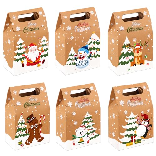 Vellibring 24PCS Christmas Kraft Candy Boxes Kraft Paper Cookies Candy Treat Boxes Bags for Christmas Gift Wrapping Boxes Xmas Party Supplies Decorations