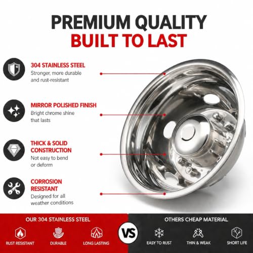 Image of 4X 19.5 Bolt On Wheel Simulators Compatible with Ford 2005-2025 F450 F550, 10 Lug 5 Hand Hole Design Front Rear Dually Hub Caps Skins Liners Rim Covers Stainless Steel Polished with Tool Kits