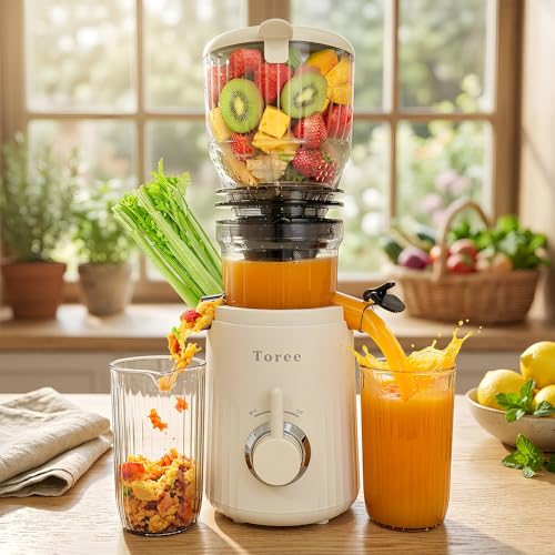 Toree Juicer Machine, 105 mm Feed Chute Slow Cold Press Juicer for Fruits, Vegetables, Nut/coconut milk, sorbet, Easy to Clean, 200W motor-heavy duty -1 Year Replacement warranty-White
