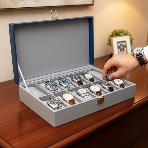 Image of MDF Unisex Faux Leather Watch Organiser Box with 12 Slots | Color: Blue-Gray