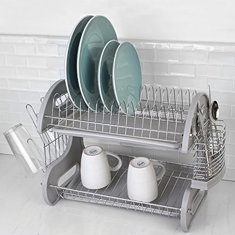 2 Tier Dish Drainer, by Home Basics (Grey) Dish Rack for Kitchen Counter, with Detachable Cutlery Holder and 6 Full Sized Glass or Cup Slots, Space-Saving Organizer