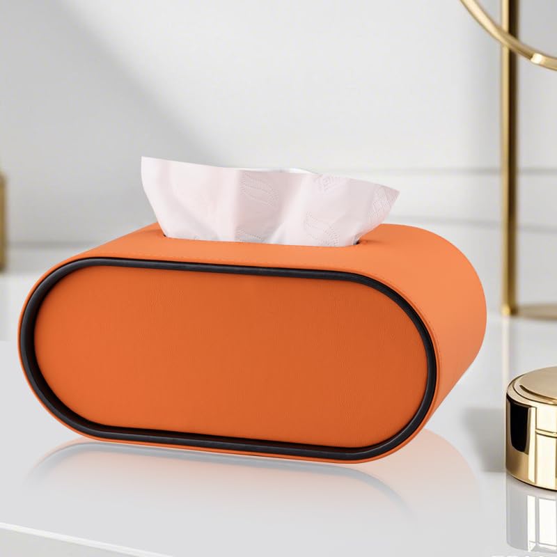 KINGFOM ティッシュケース ティッシュボックス 本革調 レザー おしゃれ 卓上 北欧風 シンプル 楕円型 インテリア用 3色展開 (オレンジ)