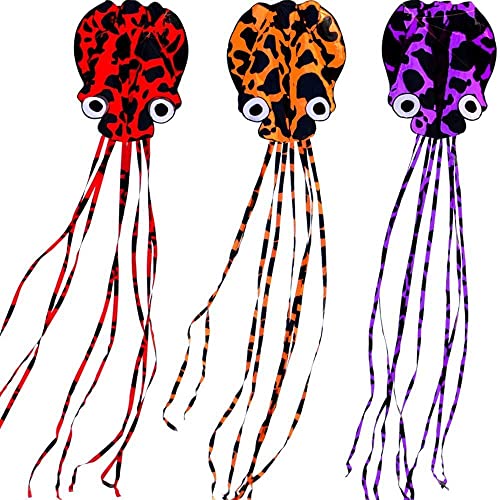 Hengda kite-Pack 3 Spotty Colors-Beautiful Large Easy Flyer Kite for Kids-Software Octopus-It's Big! 31 Inches Wide with Long Tail 157 Inches Long-Perfect for Beach or Park