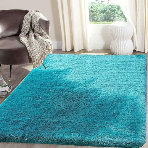 Image of Premium Microfiber Soft Tarquoise Shag Rug 8x8 Feet Round Featuring Dense Fluffy Texture, Anti Skid Support and Durable Handmade Quality for Living Room, Bedroom and Hallway