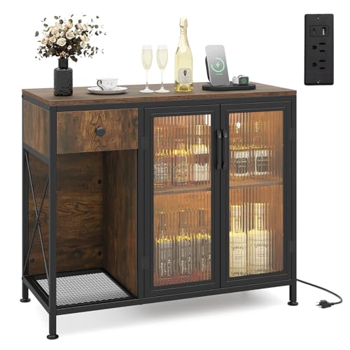 Giantex Buffet Sideboard with Power Outlets and LED Light, Industrial