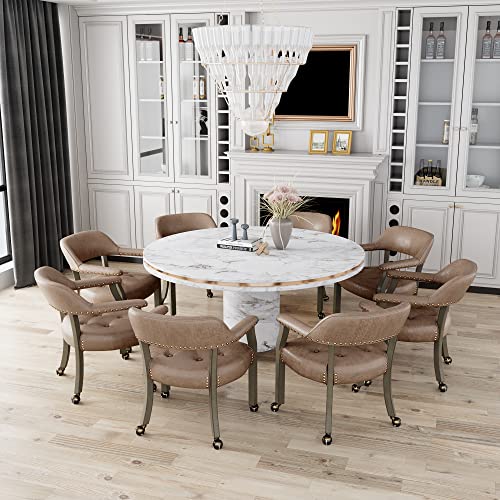 LEEMTORIG-Dining-Chairs-with-Casters-and-Arms-Accent-Kitchen-Table-Chairs-with-Wheels-Roller-Poker-Table-Chairs-Wooden-Game-Table-Chairs-Captains-Chair-Grey-Legs-Yellowish-Brown-SY-1318-LT