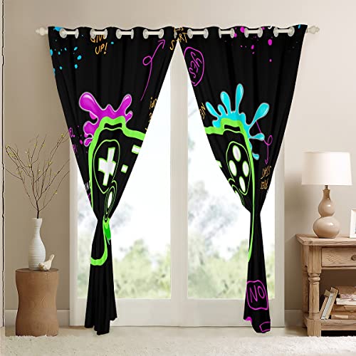 Homemissing Graffti Gamer Dreapes Fluorescent Green Gaming Curtains for Bedroom Living Room Kids Boys Gamepad Blackout Curtains(30%-50%) Modern Game Console Controller Window Treatments W46*L72 - Image 4