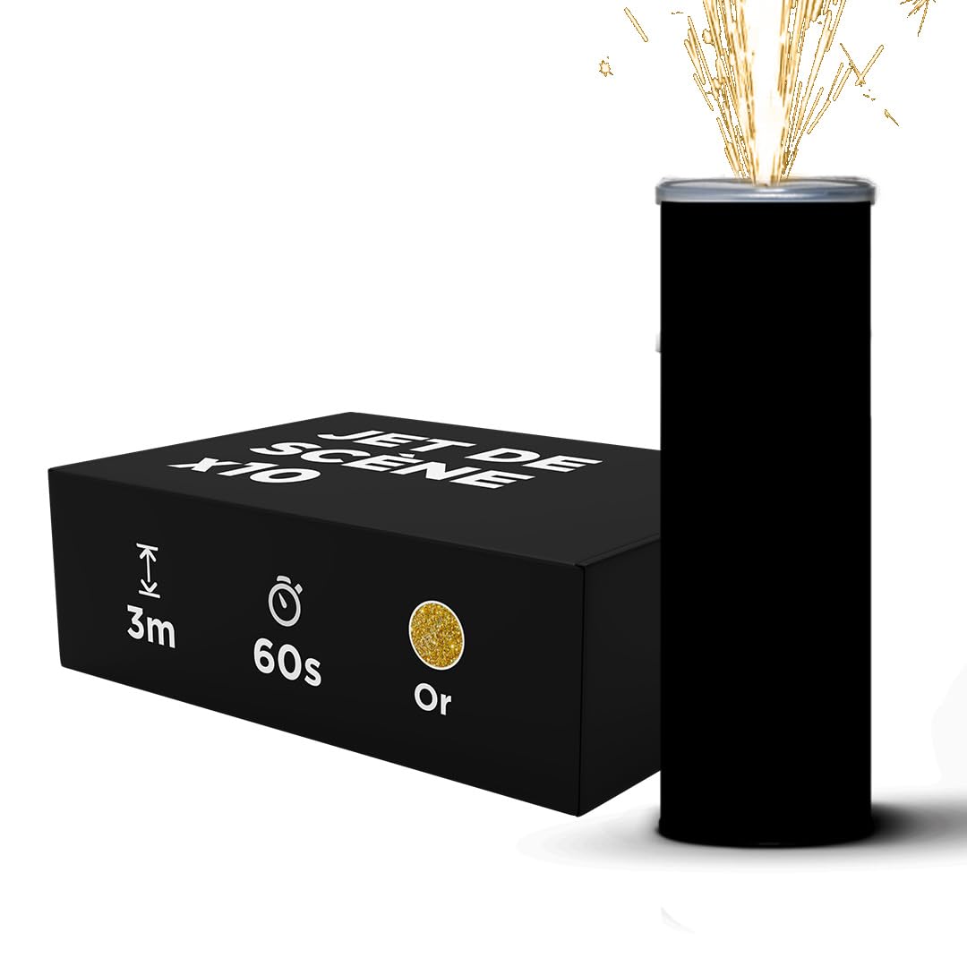 Jet de Scène Hauteur 3 Mètres Durée 60 Secondes - Jet de scène Artifice d'Intérieur à Étincelles Froides pour Mariage - Design FULL BLACK sans inscription - Catégorie F1