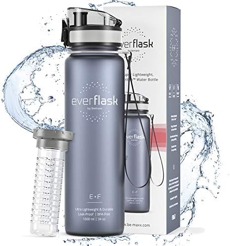 Water Bottle EVER FLASK 500ml / 1 litre + Fruit Tea Infuser | Light BPA-free Tritan, Leakproof Drinking, Eco, Small/Large Drinks | Sports Office Running School Fitness Gym Bike, Adults Kids Girl Boy