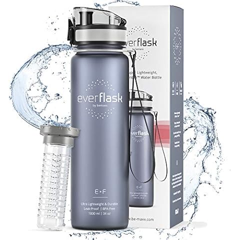 Water Bottle EVER FLASK 500ml / 1 litre + Fruit Tea Infuser | Light BPA-free Tritan, Leakproof Drinking, Eco, Small/Large Drinks | Sports Office Running School Fitness Gym Bike, Adults Kids Girl Boy Cover