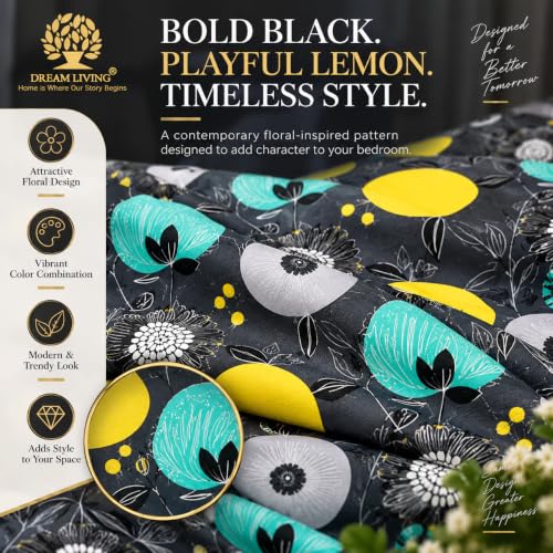 Image of Dream Living Microfiber Polycotton Flat Queen Double Bedsheet 144 TC, Size-(90 inchX100 inch Inches) (228 Cm X 254 Cm) with 2 Pillow Cover 17X27 Inchses (43X68) (Black-Lemon-Dot, Queen)