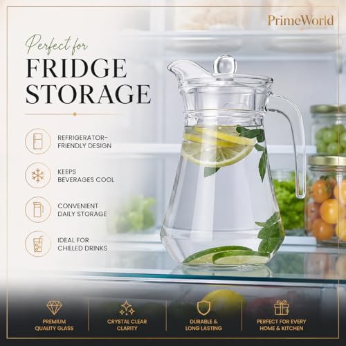 Image of PrimeWorld Premium 7 pcs Set of Water Jug and Glasses Set of 6 Pcs and Jug Set - Glasses 300ML, Jug 1.3 Liter, for Dining Table, Juice, Iced Tea, Milk, Cold Brew Coffee, Lemonade - Fridge Storage