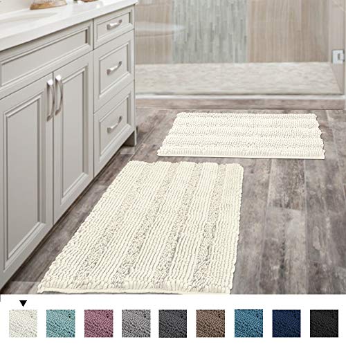 (Set of 2) Super Thick Soft Striped Shaggy Chenille Bath Mats Machine Washable