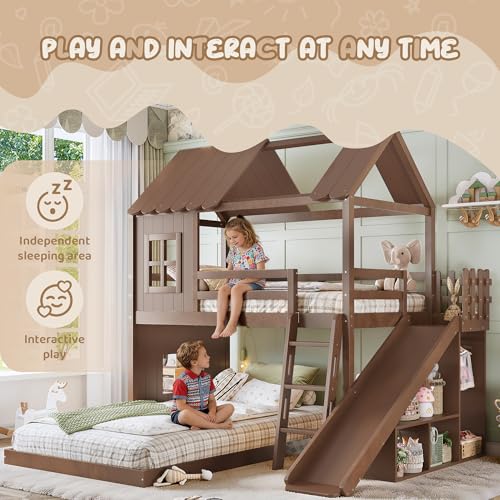 Image of Bellemave Twin Over Full House Bunk Bed with Slide and Storage Shelves for Kids,Solid Wood Floor Bunk Bed Frame with Wardrobe and Inclined Ladder for Girls Boys,Deep Natural
