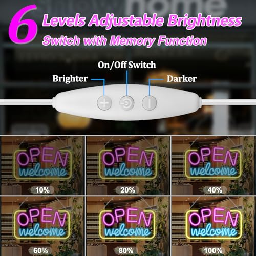 Image of Open Signs for Business, 16 inchX 9 inch Bright LED Neon Open Sign Powered by USB with ON /OFF Switch, Adjustable Brightness Open Sign for Bars, Hotel, Stores, Coffee, Window, Wall, Party (Pink&Blue&Yellow)