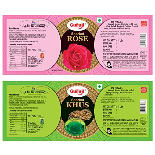 Image of SHREE Guruji Rose Sharbat & Khus Sharbat Combo Pack Sizzling Beverage Instant Refreshing Syrup Drink For Summer (1 Litre), Liquid