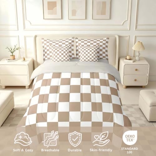 Image of Feelyou Checkered Queen Comforter Set with Sheets for Kids Boys Girls Brown Plaid 7 Pieces Bedding Set Vintage Checkerboard Geometric Bed in a Bag Reversible Grey Room Decor Soft