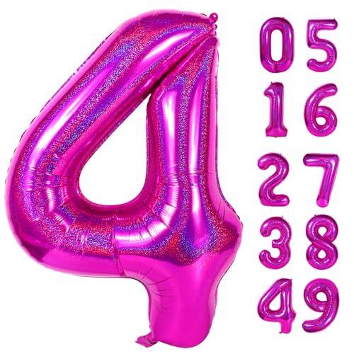 Image of Laser Hot Pink 4 Balloon, Number Balloons 40 Inch, 4th Birthday Decorations Four Large Numbers for Party Decor, Number 4 Balloon