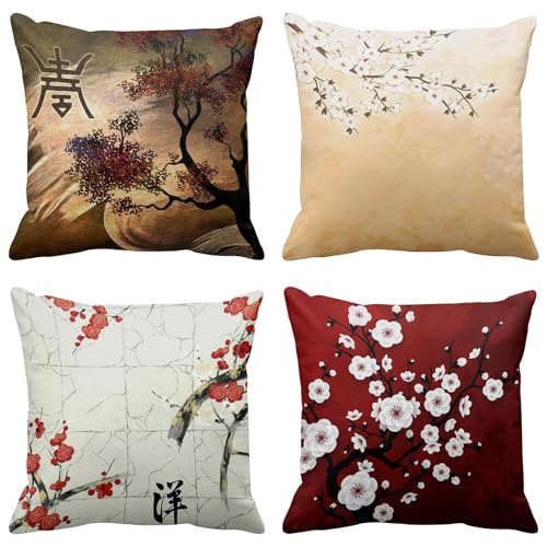 ArtSocket Lot de 4 housses de coussin décoratives carrées Motif arbre zen japonais Nature...