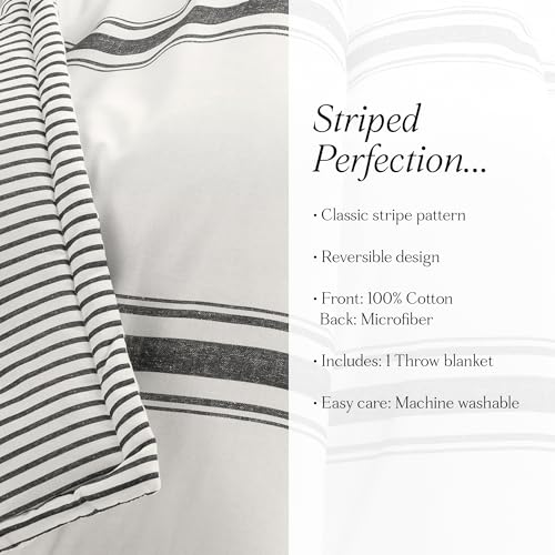 Image of Lush Decor Farmhouse Stripe Reversible Throw, Single, 50 inch W x 60 inch L, Black - Classic Modern Rustic Charm - Cozy Soft Single Pinstripe Print Blanket