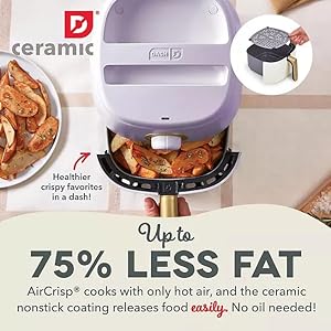 Daash Ceramic Tasti-Crisp Express Air Fryer 2.6QT, Oil-Free Cooking, Adjustable Timer, Non-Stick Ceramic Coating, Compact Size for Small Kitchens, Fast Heating for Fries, Chicken (Lavender) Daash Ceramic Tasti Crisp Express Air Fryer 26QT Oil Free Cooking Adjustable Timer Non Stick Ceramic Coating Compact Size for Small Kitchens Fast Heating for Fries Chicken Lavender