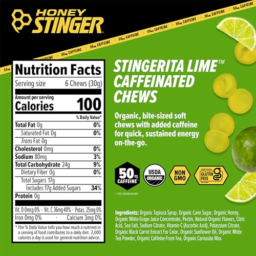 Image of Honey Stinger Stingerita Lime Caffeinated Energy Chew, Gluten Free, with Caffeine, for Exercise, Running and Performance, Sports Nutrition for Home & Gym, Pre and Mid Workout, 21.6 Ounces (Pack of 12) | sports-nutrition-endurance-and-energy-supplements