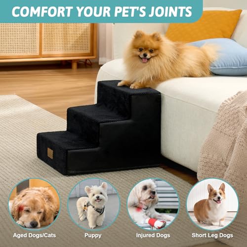 Image of COZY KISS Dog Stairs for Small Dogs, 3 Tier Pet Stairs for Couch, 13.5 inch H Non-Slip Dog Steps for Old Cats, Puppy, Small Dogs, 15.7x17.7x13.5 inch, Black