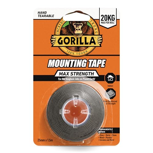 Gorilla Max Strength Indoor Mounting Tape 25mm x 1.5m Heavy-Duty Double-Sided Tape for Permanent Bonds | Hand Tearable & Mesh Reinforced for Strength