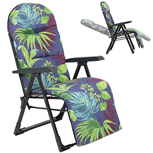 KADAX Gartensessel mit Einstellbarer Rücklehne, Relaxstuhl aus pulverbeschichteter Stahlkonstruktion, Klappsessel mit Tragfähigkeit bis 110kg, Gartenliege mit Kissen (Violett/Grün, M oval)