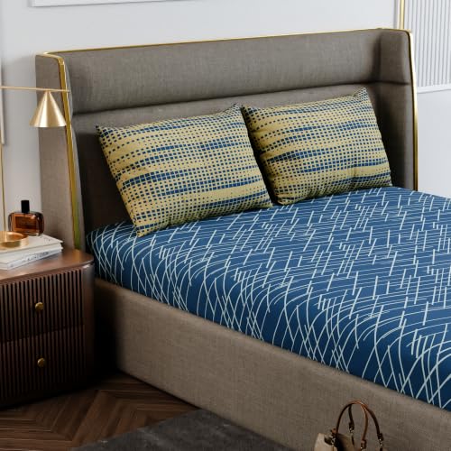 Image of Stoa Paris 100% Cotton King Size Fitted Bedsheet with 2 Pillow Covers, 180TC Printed Bedding Set, All-Season Comfort, Soft & Lightweight, Home Decor, Urbanscape - Cerulean Beams (182cmx198cm+30cm)