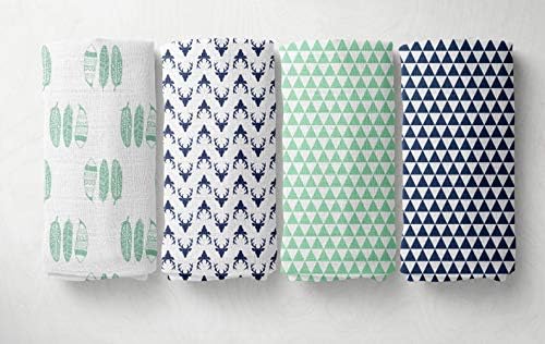 Bacati - Tribal/Aztec Baby Swaddle Blanket Boys Swaddle Wrap Soft Breathable Cotton Muslin Swaddle Blankets Receiving Blanket for Boys, Large 45 x 45 inches (Noah Tribal Mint/Navy)