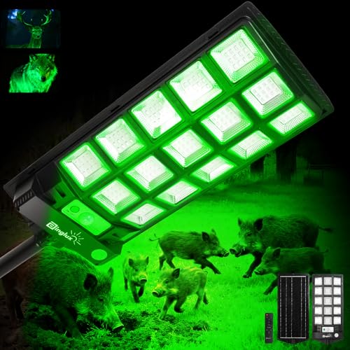 BINGLUX Hog Lights for Night Hunting - 20000LM Solar Green Light for Hunting Hogs with 9.3 Metal Light Bracket Motion Sensor & 65FT Remote Waterproof Hog Feeder Lights for Deer Coyote Varmint