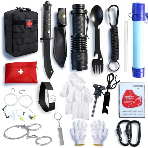 Aolegoo Survival Kit, Außen Notfall Set, Camping Ausrüstung Mit Survival-Wasserfilter für Wandern, Camping, Bushcraft (Schwarz)