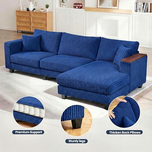 Image of 114 inch Cloud Sectional Couch with L-Shape Reversible Chaise, Modern Corduroy L Shaped Couch with 2 Pillows & Storage Armrests, 4 Seater Sectional Couches for Living Room, Plush Corduroy, Blue