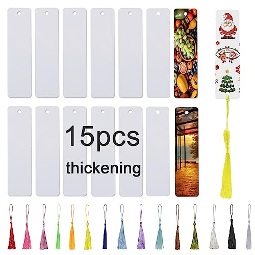 15 Pcs Sublimation Bookmark Blank Heat Transfer Aluminum Metal Bookmarks Bulk DIY Bookmarks with Hole and Colorful Tassels for Crafts Personalized Tassels Blank