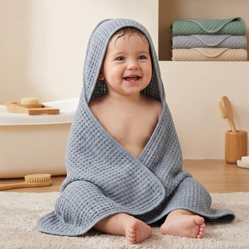 Image of Peryiter 4 Pcs Muslin Hooded Baby Towels, 32 inchx 32 inch Cotton Newborn Bath Towel Muslin Infant Baby Blankets Absorbent Unisex Newborn Registry Gift Essentials for Girls Boys (Green,Gray,Brown,Blue)