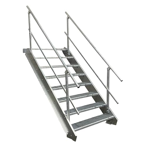 SRM Design 8 Stufen Stahltreppe mit beidseitigem Geländer Breite 80 cm Geschosshöhe 120-160 cm feuerverzinkt robuste Außentreppe Wangentreppe stabile Industrietreppe für den Innen- und Außenbereich
