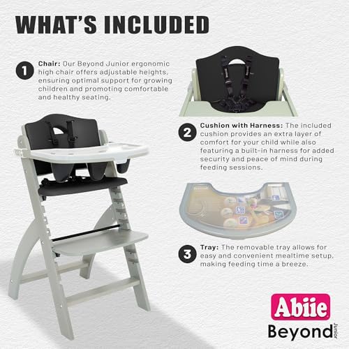 Image of Abiie Beyond Junior Wooden High Chair for Babies and Toddlers - Convertible 3-in-1 Baby Highchair with Removable Tray - 6 Months to 250 Lb - Water Resistant - Misty Grey Wood with Black Pearl Cushion