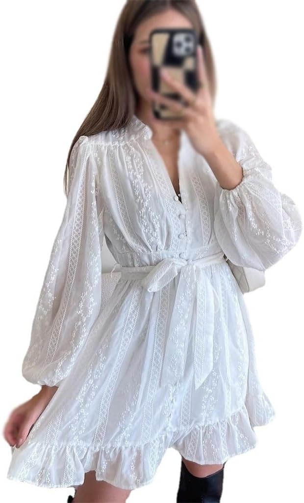 VIDI Autumn European and Women's Dress V-Neck Long Sleeve Color Sweet Lace-up Ruffled Skirt