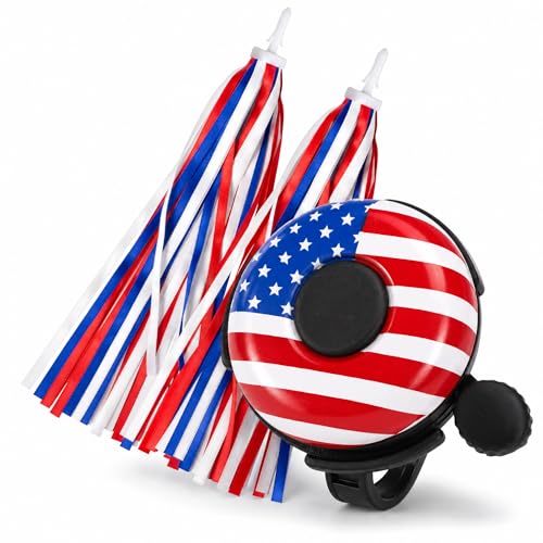 4th of July Bike Decorations for Kids Parade - Patriotic Red White Blue Bicycle Handlebar Streamers & Flag Bike Bell Set, 250th Anniversary Kids Scooter Tassels Accessories Girls Boys